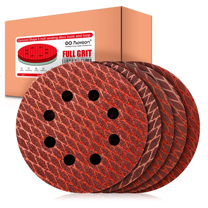 Faoyoon Sanding Disc 5 Inch 8 Hole Hook and Loop, Diamond Shape Orbital Sander Pads 40,60,80,100,120,150,180, 240,320,400 Grit, Sand Paper for Random Orbital Sander, 100-pack - Image 1